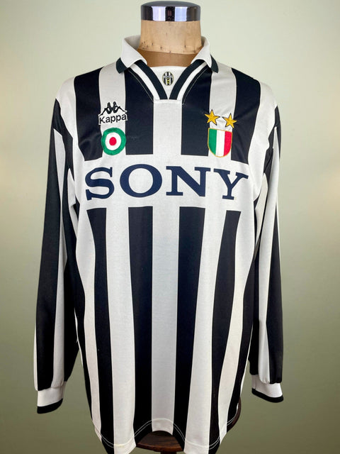Black and white striped Juventus home 1995-96 match worn Fabrizio Ravanelli jersey with Kappa and Sony logos on a mannequin against a neutral background