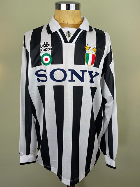 A long-sleeved black and white striped Juventus match worn 1995-96 jersey with Sony sponsor and made by Kappa.