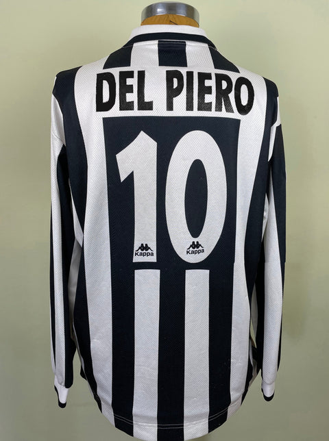 A match worn Alessandro Del Piero 1996-97 Juventus home shirt with Del Piero 10 on the back printed into the fabric in long sleeve with black and white stripes with Serie A patch sewn on the arm.