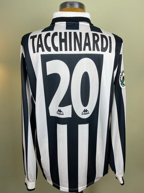 A black and white striped match worn Juventus 1996-97 jersey with the number 20 and the name TACCHINARDI printed on the back.