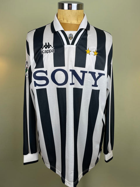 A black and white striped match worn long sleeved Juventus 1996-97 jersey with Sony sponsor on the chest.