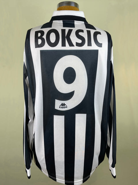 A black and white striped Juventus match worn home shirt from the 1996-97 season in long sleeve with the name 'BOKŠIC' printed on the back.