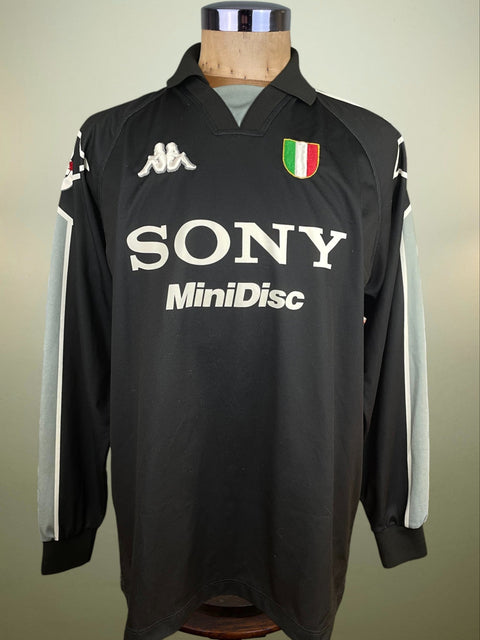 Black Juventus 1996-97 match worn goalkeeper jersey jersey with Sony MiniDisc logo on a mannequin against a plain background