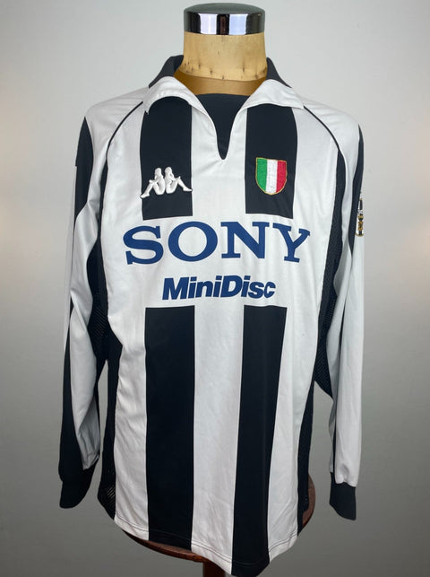A black and white striped Juventus match worn home jersey in long sleeves with Sony Minidisc sponsor made by Kappa.