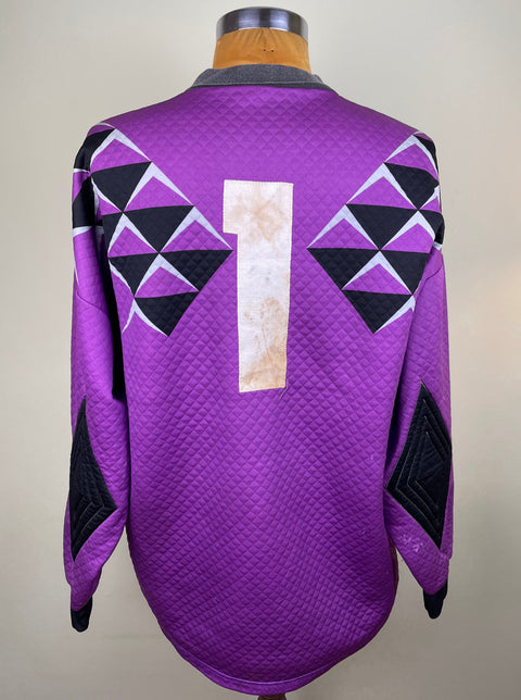 A purple and black geometric patterned Match worn Lazio 1991-92 Goalkeeper jersey featuring the number 1 stitched into the back