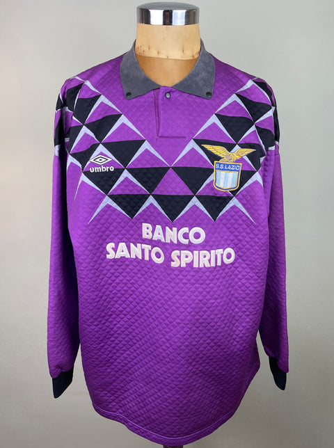 A purple and black geometric patterned Match worn Lazio 1991-92 Goalkeeper jersey featuring the Banco Santo Spirito sponsor on the chest