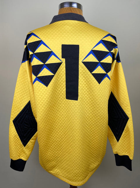 A yellow and black geometric patterned Match worn Lazio 1991-92 Goalkeeper jersey featuring the number 1 stitched into the back