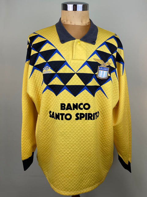 A yellow and black geometric patterned Match worn Lazio 1991-92 Goalkeeper jersey featuring the Banco Santo Spirito sponsor on the chest