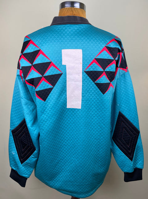 A blye and black geometric patterned Match worn Lazio 1991-92 Goalkeeper jersey featuring the number 1 stitched into the back