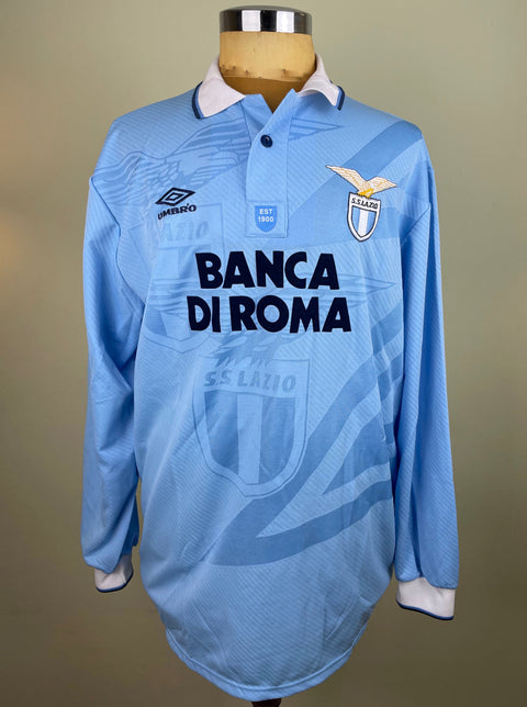A blue Lazio 1993-94 match worn by Giuseppe Signori long sleeve home jersey featuring the Umbro logo and the sponsor, Banca di Roma in flock on the chest.