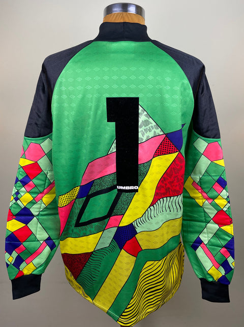 A match worn 1993-94 Lazio Goalkeeper shirt worn by Luca Marchegiani in the UEFA cup and made by Umbro with number 1 in flock numbering on the back