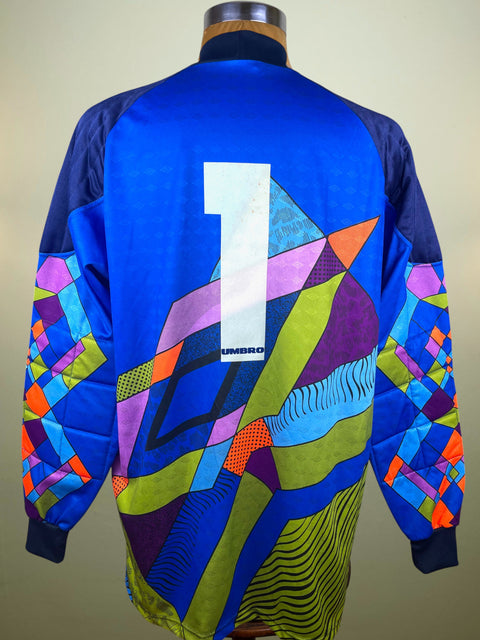 Colorful SS Lazio Keeper top with geometric patterns and a large number '1' on the back, displayed on a mannequin against a plain background.