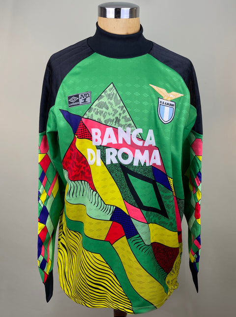 A match worn 1993-94 Lazio Goalkeeper shirt worn by Luca Marchegiani in the UEFA cup and made by Umbro with Banca di Roma sponsor on the chest.