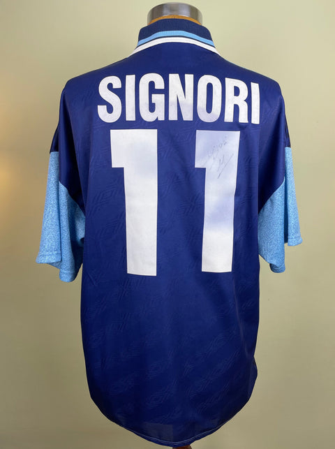 Match worn blue short sleeve Lazio third shirt from the 1995-96 season worn by Beppe Signori with name and number 11 in white flock across the back of the shirt. Made by Umbro.
