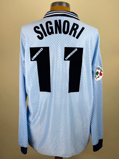 Match worn light blue long sleeve Lazio home shirt from the 1996-97 season worn by Giuseppe Signori with name and number 11 in black flock across the front of the shirt. Made by Umbro.
