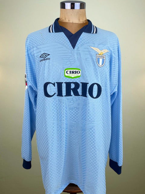 Match worn light blue long sleeve Lazio home shirt from the 1996-97 season worn by Pierluigi Casiraghi with Cirio Sponsor in black flock across the front of the shirt. Made by Umbro.