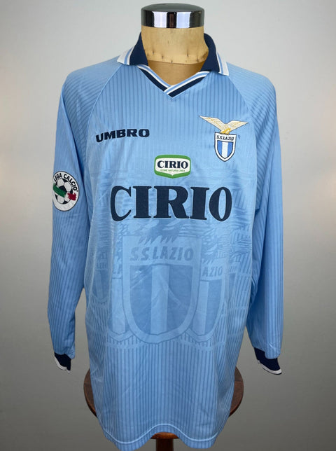 Match worn light blue long sleeve Lazio home shirt from the 1997-98 season worn by Alessandro Nesta with Cirio Sponsor in black flock across the front of the shirt. Made by Umbro.