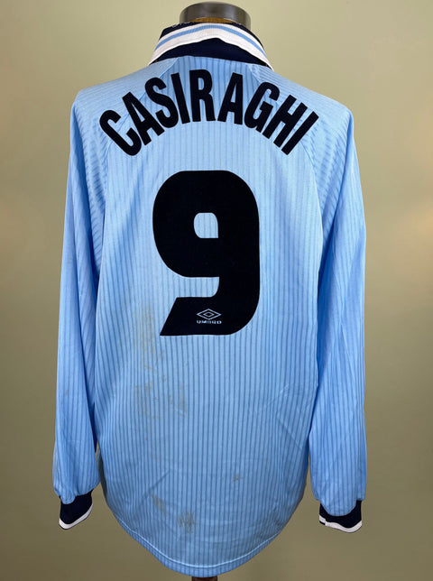 Match worn light blue long sleeve Lazio home shirt from the 1997-98 season worn by Pierluigi Casiraghi with name and number 9 in black flock across the front of the shirt. Made by Umbro.