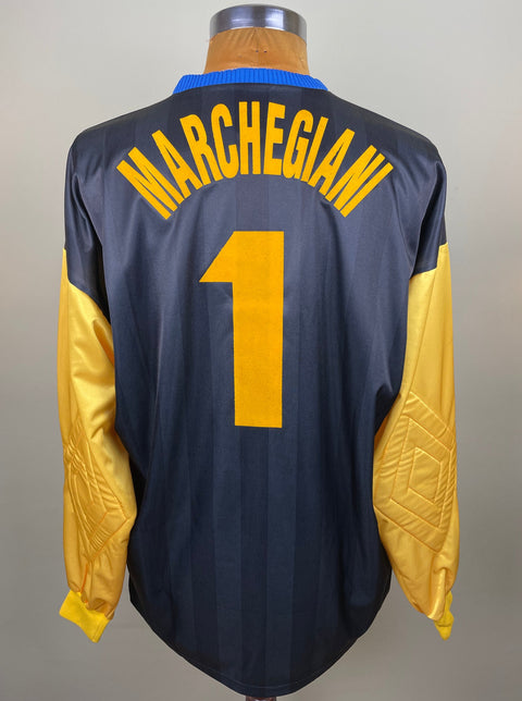Match worn black and yellow long sleeve Lazio goalkeeper shirt from the 1997-98 season worn by Luca Marchegiani with name and number 1 in yellow flock across the back of the shirt. Made by Umbro.