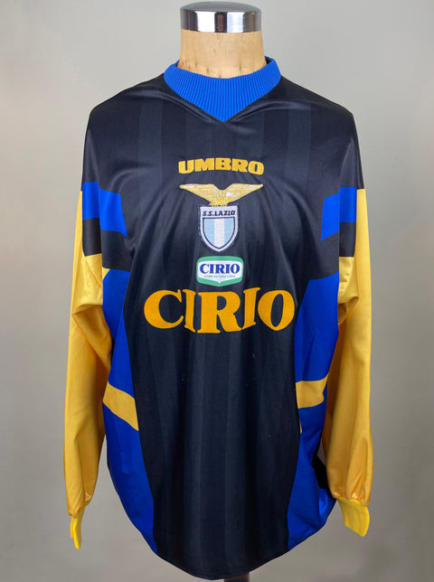 Match worn black and yellow long sleeve Lazio goalkeeper shirt from the 1997-98 season worn by Luca Marchegiani with Cirio Sponsor in yellow flock across the front of the shirt. Made by Umbro.