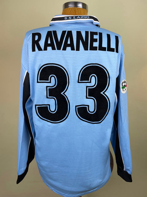 Match worn blue long sleeve Lazio home shirt from the 2000-01 season worn by Fabrizio Ravanelli with name and number 33 in black flock across the back of the shirt. Made by Puma.