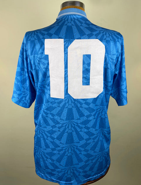 Match worn blue short sleeve Napoli home shirt from the 1992-93 season worn by Gianfranco Zola with number 10 stitched on the back. Made by Umbro.