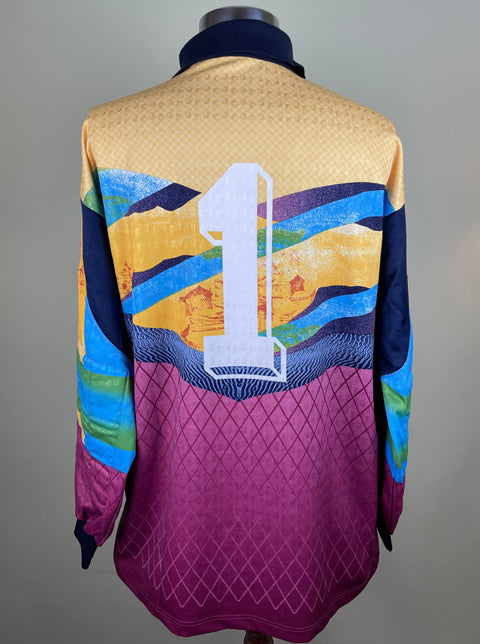 Match worn yellow and purple long sleeve Napoli goalkeeper shirt from the 1993-94 season worn by Giuseppe Taglialatela with number 1 on the back. Made by Reusch.