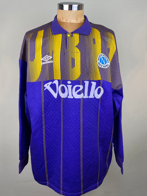 Match worn blue long sleeve Napoli goalkeeper shirt from the 1993-94 season worn by Giuseppe Taglialatela with Voiello sponsor in white flock across the chest. Made by Umbro.