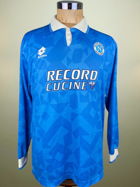 Match worn blue long sleeve Napoli home shirt from the 1995-96 season worn by Alessandro Sbrizzo with nRecord Cicine sponsor across the chest. Made by Lotto.