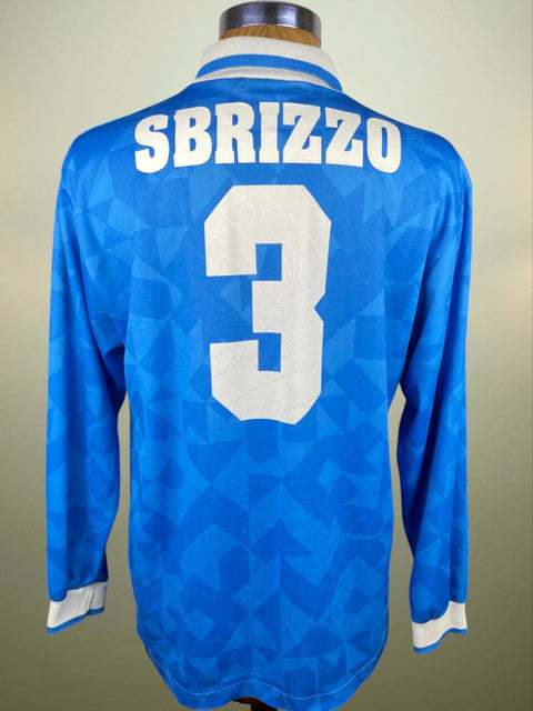 Match worn blue long sleeve Napoli home shirt from the 1995-96 season worn by Alessandro Sbrizzo with name in plastic and number 3 in the fabric of the shirt across the back. Made by Lotto.