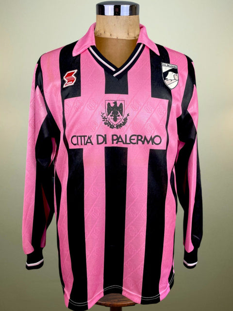 Match worn Pink and black long sleeve Palermo home shirt from the 1990-91 season with Citta di Palermo Sponsor across the chest. Made by ABM.