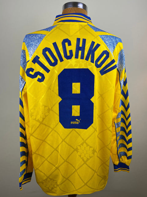 Match worn yellow Hristo Stoichkov long sleeve Parma away shirt from the 1995-96 season, with name and number 8 in light flock. Made by Puma.
