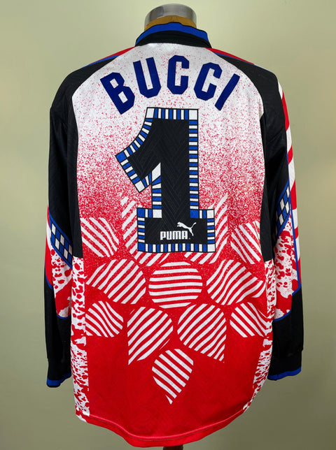 Match worn red Luca Bucci Parma long sleeve goalkeeper shirt from the 1995-96 season, with name in light flock and number 1 in the fabric of the shirt. Made by Puma.