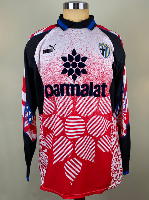 Match worn red Luca Bucci Parma long sleeve goalkeeper shirt from the 1995-96 season, with Parmalat sponsor across the chest in the fabric of the shirt. Made by Puma.