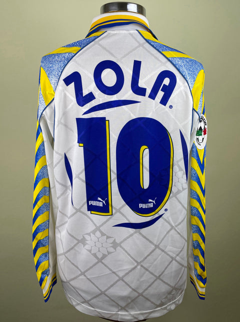 Match worn white Gianfranco Zola Parma long sleeve home shirt from the 1996-97 season, with name and number 10 in the fabric of the shirt. Made by Puma.