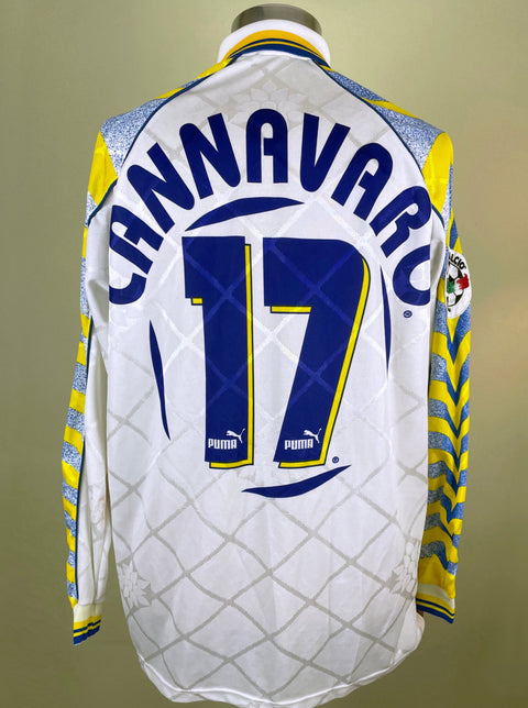 Match worn white Fabio Cannavaro Parma long sleeve home shirt from the 1996-97 season, with name and number 17 in the fabric of the shirt. Made by Puma.