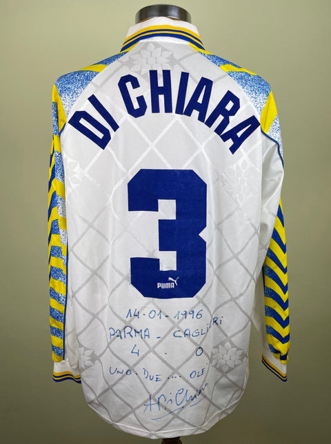 Match worn white Alberto Di Chiara Parma long sleeve home shirt from the 1995-96 season, with name and number 3 in flock. Made by Puma. Signed by Benarrivo on the base of the jersey.