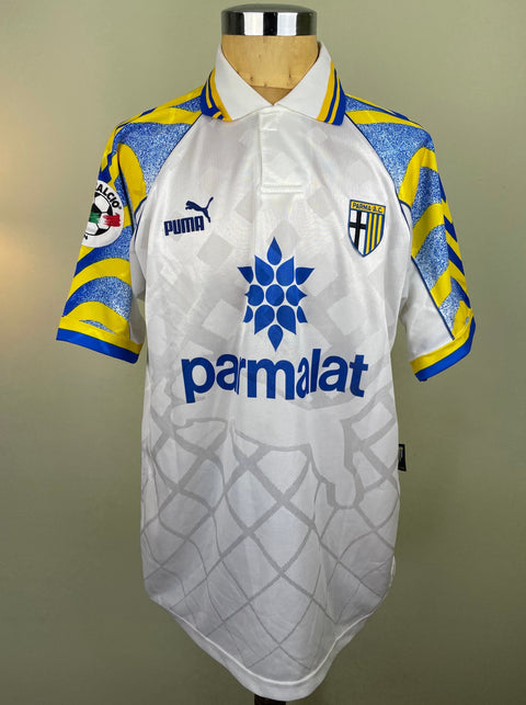 Match worn white Dino Baggio Parma short sleeve home shirt from the 1996-97 season, with Parmalat sponsor across the chest in the fabric of the shirt. Made by Puma.