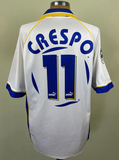 Match worn white Hernan Crespo Parma short sleeve home shirt from the 1997-98 season, with name and number 11 in the fabric of the shirt. Made by Puma.