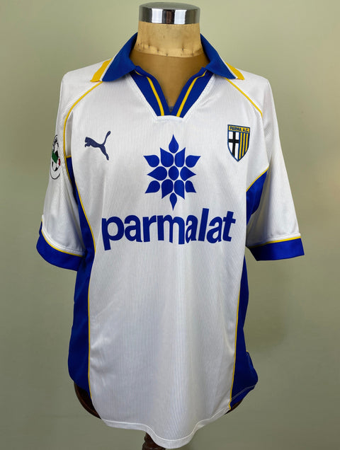 Match worn white Hernan Crespo Parma short sleeve home shirt from the 1997-98 season, with Parmalat sponsor across the chest in the fabric of the shirt. Made by Puma.