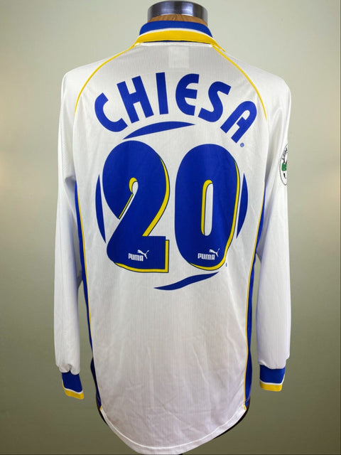 Match worn white Enrico Chiesa Parma long sleeve home shirt from the 1997-98 season, with name and number 20 in the fabric of the shirt. Made by Puma.