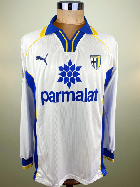 Match worn white Enrico Chiesa Parma long sleeve home shirt from the 1997-98 season, with Parmalat sponsor across the chest in the fabric of the shirt. Made by Puma.