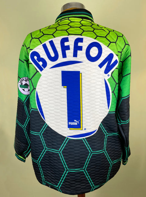 Match worn Green Gianluigi Buffon Parma long sleeve goalkeeper shirt from the 1997-98 season, with name and number 1 in the fabric of the shirt. Made by Puma.