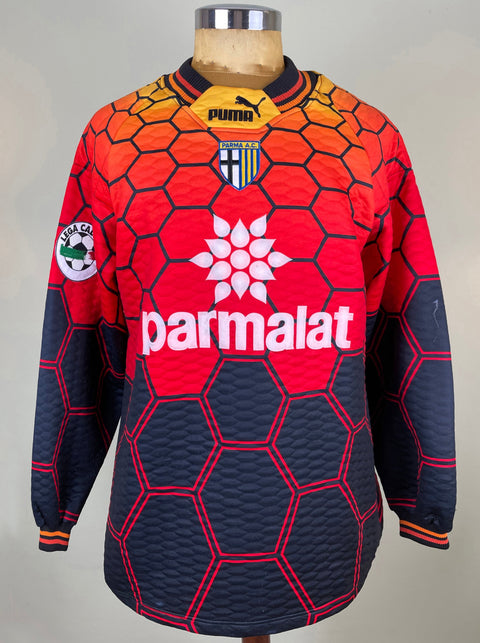 Match worn Red Gianluigi Buffon Parma long sleeve goalkeeper shirt from the 1997-98 season, with Parmalat sponsor across the chest in the fabric of the shirt. Made by Puma.