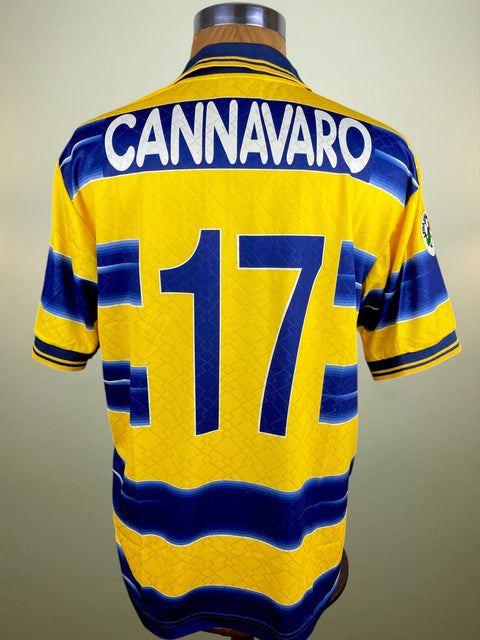 Match worn yellow Fabio Cannavaro Parma short sleeve home shirt from the 1998-99 season, with Cannavaro 17 in in the fabric of the shirt. Made by Lotto.