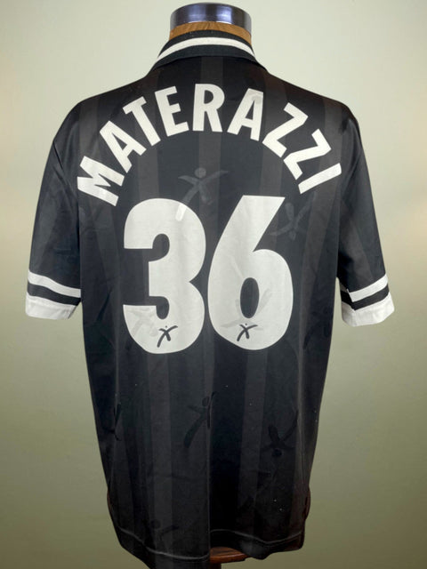 Match worn Marco Materazzi Perugia black away shirt from the 1996-97 season, in short sleeve with name and number 36 in the fabric of the shirt, made by Galex. 