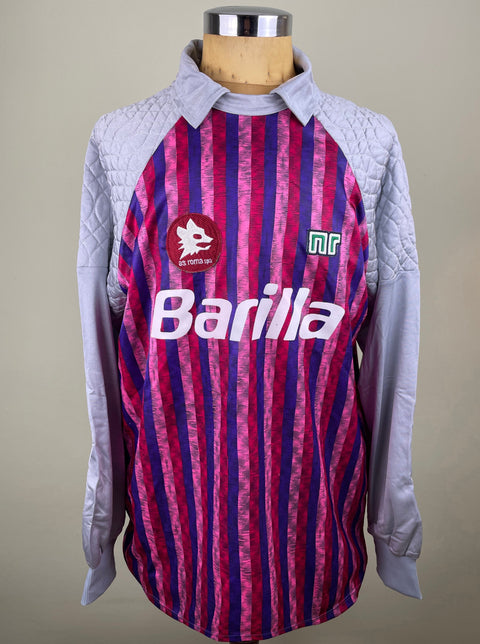 Pink and Grey AS Roma 1990/91 goalkeeper shirt, long sleeves, Barilla sponsor across the chest. Match-worn by Giovanni Cervone. Made by Ennerre.
