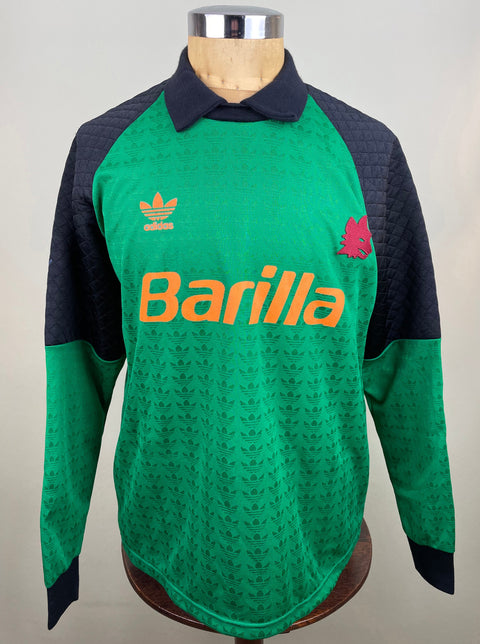 Green and black AS Roma 1992/93 goalkeeper shirt, long sleeves, Barilla sponsor across the chest. Match-worn and signed by Giovanni Cervone. Made by Adidas.