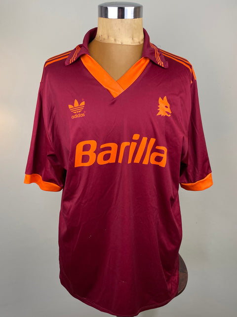 Maroon AS Roma 1993/94 home shirt, short sleeves, Barilla sponsor in the fabric of the shirt. Match-worn by Alessio Scarchilli. Made by Adidas.