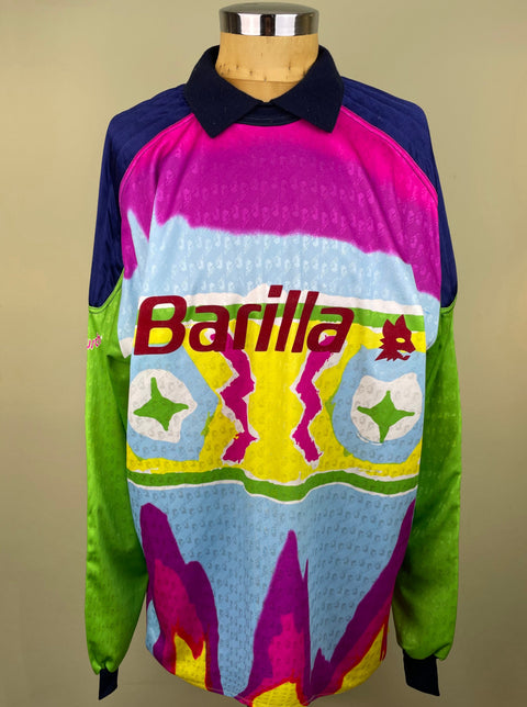 Pink and Green AS Roma 1993/94 goalkeeper shirt, long sleeves, Barilla sponsor in maroon flock across the chest. Match-worn by Giuseppe Zinetti